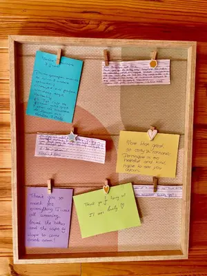 a bulletin board with sticky notes on it at Island Sleeping in Aalsmeer