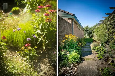 two pictures of a garden with flowers and a pathway at Solaris in Egmond aan den Hoef