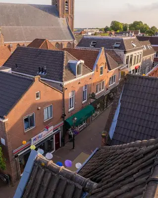 an overhead view of a city with buildings and roofs at Hotel Montfoort in Montfoort