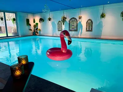 a swimming pool with a red swan in the water at B&B Wellness Soest in Soest
