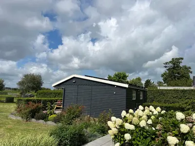 a small black shed in a garden with flowers at Amsterdam The Stables in Oostzaan