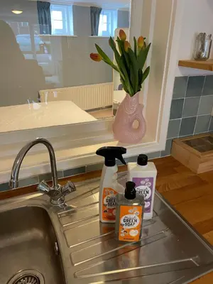 a kitchen sink with two bottles of cleaning products on it at Strandzicht Zandvoort Boulevard Apartments in Zandvoort