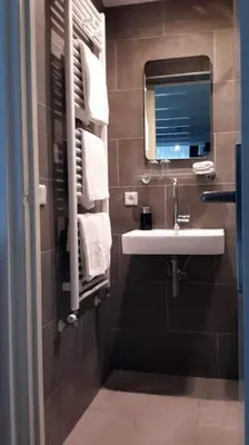 a bathroom with a sink and a mirror and towels at Bed & Breakfast WestViolet in Amsterdam