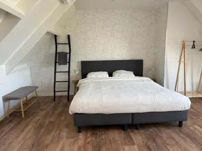 a bedroom with a bed and a ladder at Eetcafé Punt in Roelofarendsveen
