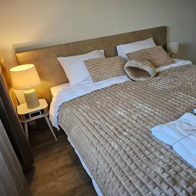 a bedroom with a large bed with two pillows at Charming Apartment in Lisse - 30 sqm with Terrace in Lisse
