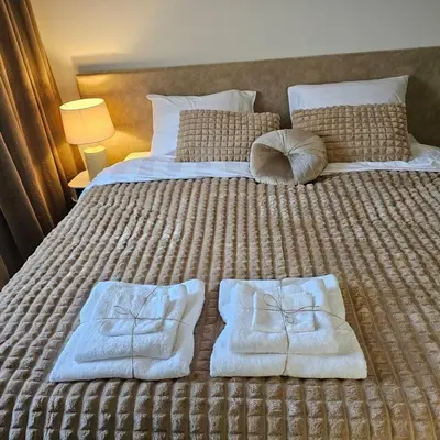 a large bed with towels and pillows on it at Charming Apartment in Lisse - 30 sqm with Terrace in Lisse