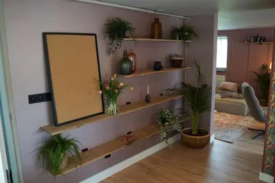 a room with shelves with potted plants and a mirror at Het Warme nest in Noordwijkerhout