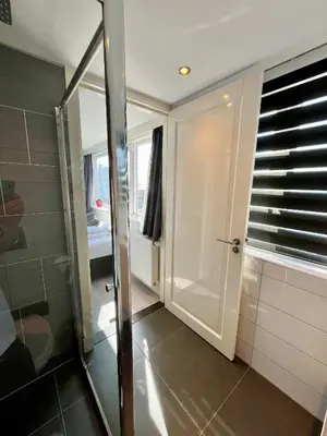 a bathroom with a shower and a glass door at Hammond Studio Apartments in Zandvoort