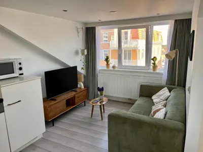 a living room with a couch and a tv at Hammond Studio Apartments in Zandvoort