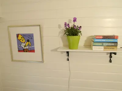 a shelf with a potted plant and books on it at Vrije Vogels tuin met privacy in Warmenhuizen