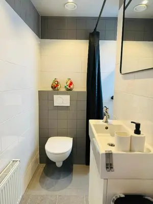 a bathroom with a toilet and a sink at Hello Katwijk - Zomerhuis Paul Krügerstraat 3 in Katwijk aan Zee