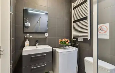 a bathroom with a sink and a toilet and a mirror at 2 Bedroom Nice Home In Noordwijkerhout in Noordwijkerhout