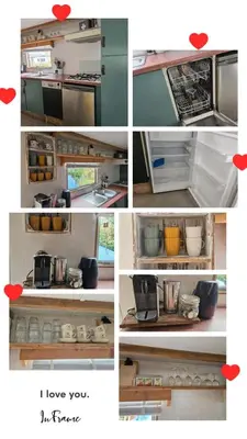 a collage of pictures of a kitchen with a counter top at Slapen in Tuitje in Tuitjenhorn