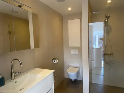 a bathroom with a sink and a toilet and a shower at Ons Huisje Achter in Noordwijkerhout