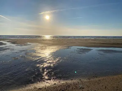 a beach with the sun reflecting on the water at Studio Eb in Egmond aan Zee