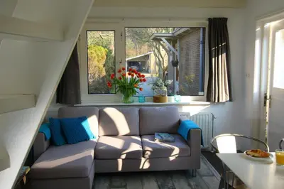 a living room with a couch and two windows at Zomerhuis Flow in Egmond aan Zee