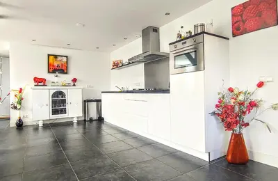 a kitchen with white cabinets and red flowers in a vase at Markermeerlogies in Bovenkarspel