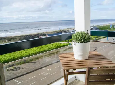a potted plant sitting on a table on a balcony overlooking the beach at Villa aan Zee in Noordwijk