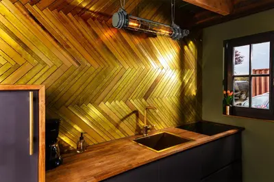 a kitchen with a sink and a wooden wall at De koperslager in Watergang