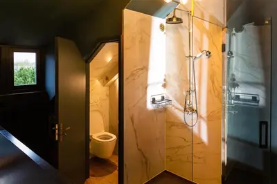 a bathroom with a shower and a toilet at De koperslager in Watergang