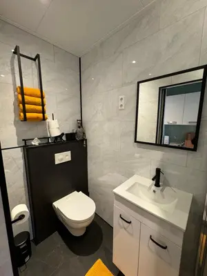 a bathroom with a toilet and a sink and a mirror at De Gouwe Stek in Landsmeer