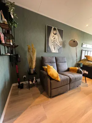 a living room with a brown couch in a room at De Gouwe Stek in Landsmeer
