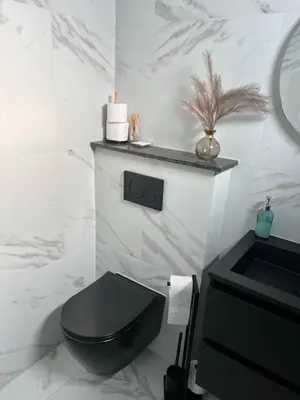 a bathroom with a black toilet and a sink at Cozy & Modern Tiny House in Velserbroek