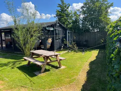 a wooden picnic table in the grass in front of a house at New- The Cabana- With Sauna and Hot Tub, on a lake near Amsterdam in Vinkeveen