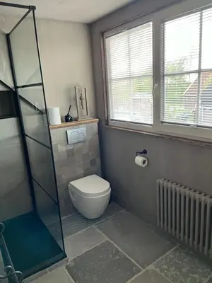 a bathroom with a toilet and a glass shower stall at Bed and Breakfast Lokaal Wadway in Spanbroek