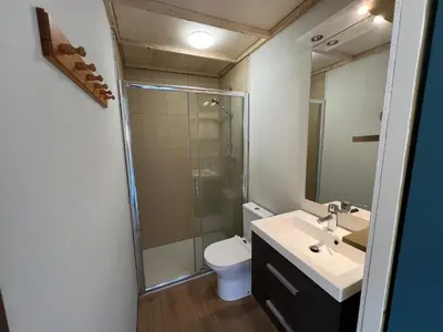 a bathroom with a shower and a sink and a toilet at A tiny house - Amsterdam region in Lelystad