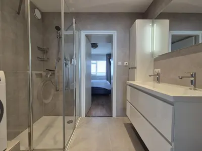 a bathroom with a shower and a sink at Sterflat aan Zee in Egmond aan Zee