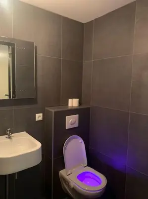a bathroom with a purple toilet and a sink at tuinhuis in Harmelen