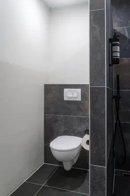 a bathroom with a white toilet in a stall at B&B Hartenlust kamer de Bedstee in Bodegraven