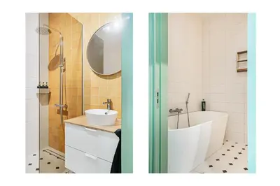 two pictures of a bathroom with a sink and a tub at Stylish apartment next to the Amstel River - Unit B in Amsterdam