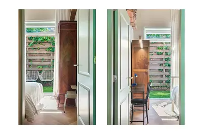 two images of a room with a door and a bedroom at Stylish apartment next to the Amstel River - Unit B in Amsterdam