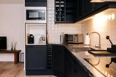 a kitchen with black cabinets and stainless steel appliances at Malu in Zandvoort