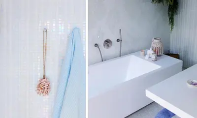 two pictures of a bathroom with a sink and a shower at Magical Woods in Bergen