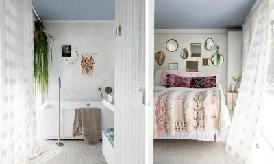 a bedroom with a bed and a bath tub at Magical Woods in Bergen