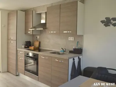 a kitchen with wooden cabinets and a sink in it at On the coast Comfortable holiday residence in Egmond aan Zee