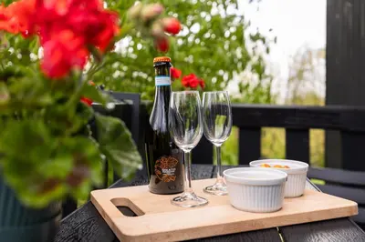 a bottle of wine and two glasses on a wooden tray at Studio Hooischuur Alkmaar/Bergen in Alkmaar