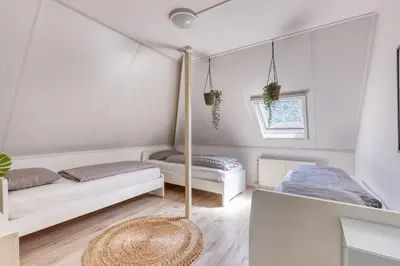 a bedroom with two beds and a mirror at Forest Villa with shared pool & Eco Wellness in Zeewolde