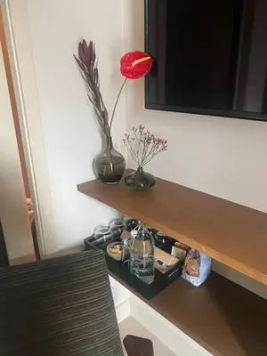 a red flower in a vase on a shelf at Gorgeous room near Haarlem Station, city center in Haarlem