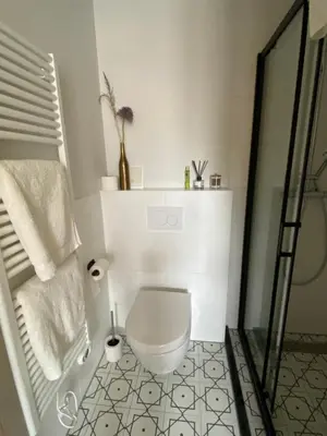 a white bathroom with a toilet and a shower at Gorgeous room near Haarlem Station, city center in Haarlem
