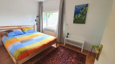 a bedroom with a bed and a window and a rug at Kust Geluk in Schoorl