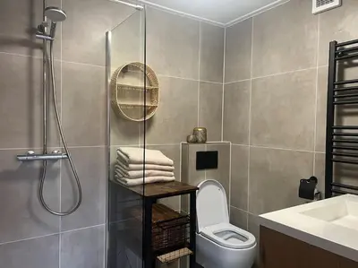 a bathroom with a shower and a toilet and a sink at Mint aan het strand in Egmond aan Zee