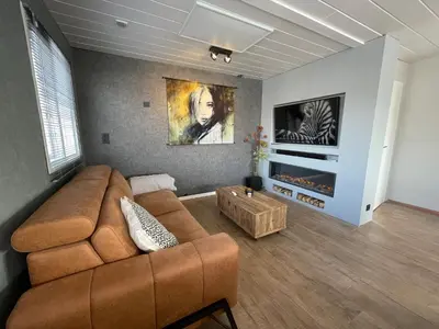 a living room with a brown couch and a tv at Poellodge XL, houseboat met whirlpool en sauna in Aalsmeer