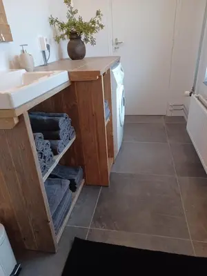 a bathroom with a sink and a washing machine at Gastenverblijf in het voorhuis van onze woonboerderij in Maartensdijk