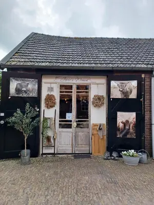 a store front with a door with posters on the wall at Gastenverblijf in het voorhuis van onze woonboerderij in Maartensdijk