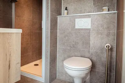 a bathroom with a toilet and a shower at Waterfront tiny home with spacious garden in Vinkeveen