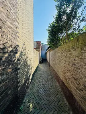 an alley with a brick wall and a tree at Cosy summerhouse in Noordwijk aan Zee